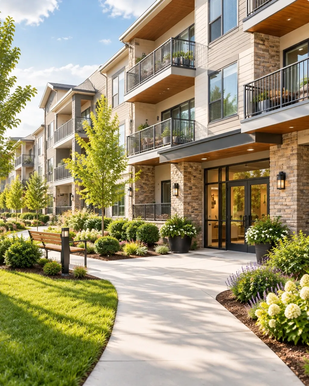 Apartment community with balconies and landscaped grounds
