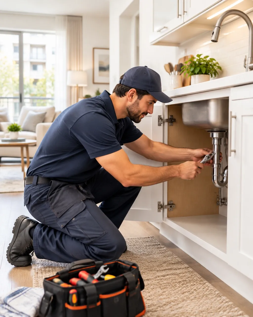 Technician completing a repair in a bright apartment