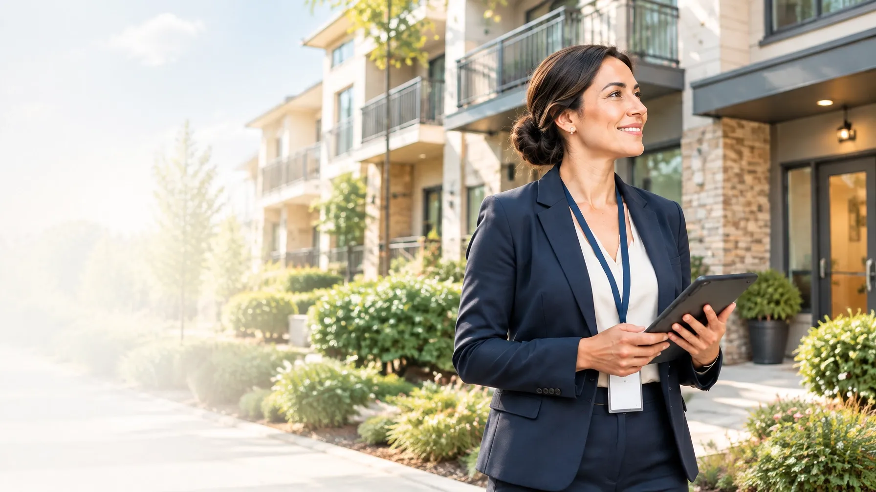 Residential property manager outside a welcoming apartment community