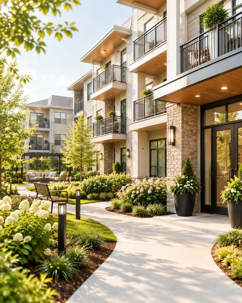 Well-kept apartment building and landscaped courtyard
